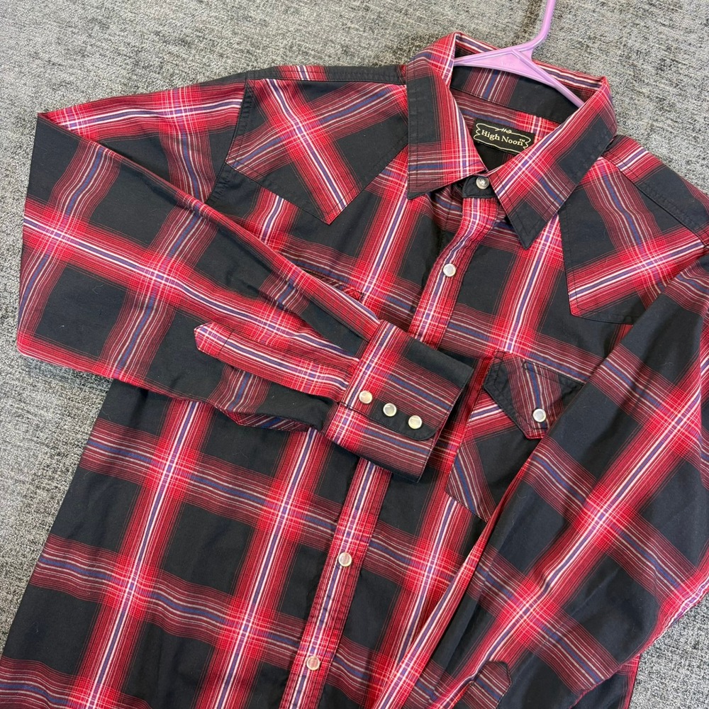 High Noon Western Snap Shirt Mens Large Red Black Plaid Pearl Button Yoke